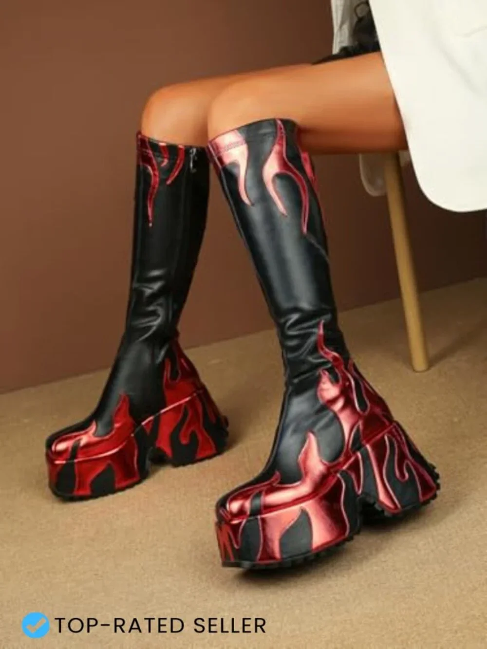 Side Zipper Chunky Platform Wedge Boots Round Toe Ankle Booties Flames Print